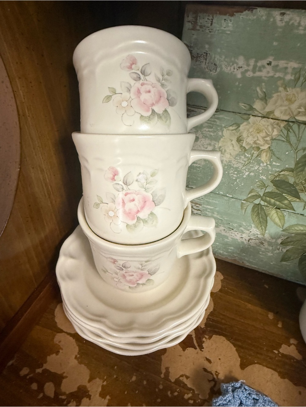 Pfaltzgraff White Teacup and Saucer Set with Pink Rose Design 3 cups, 4 saucers